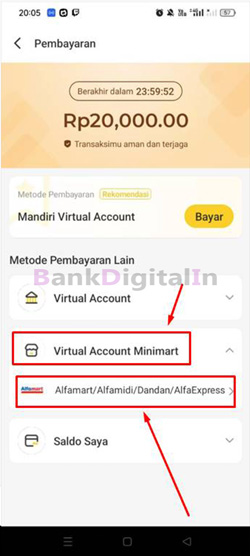 Silahkan tap Virtual Account Minimart kemudian pilih opsi Alfamart